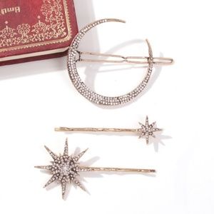 NWT New! 3 Bronze White Rhinestones Star Moon Hair Clips